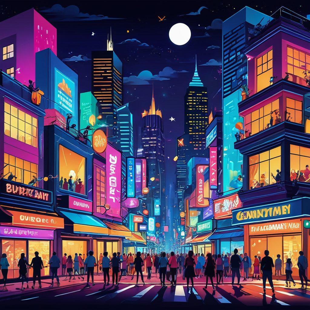 A vibrant digital landscape filled with colorful comic-style characters laughing and engaging in various forms of entertainment, like gaming, watching movies, and reading funny books. In the background, a whimsical cityscape with bright lights and playful elements, symbolizing a hub of joy and creativity. The atmosphere should feel lively and inviting, capturing the essence of humor and digital entertainment. super-realistic. vibrant colors. modern design.