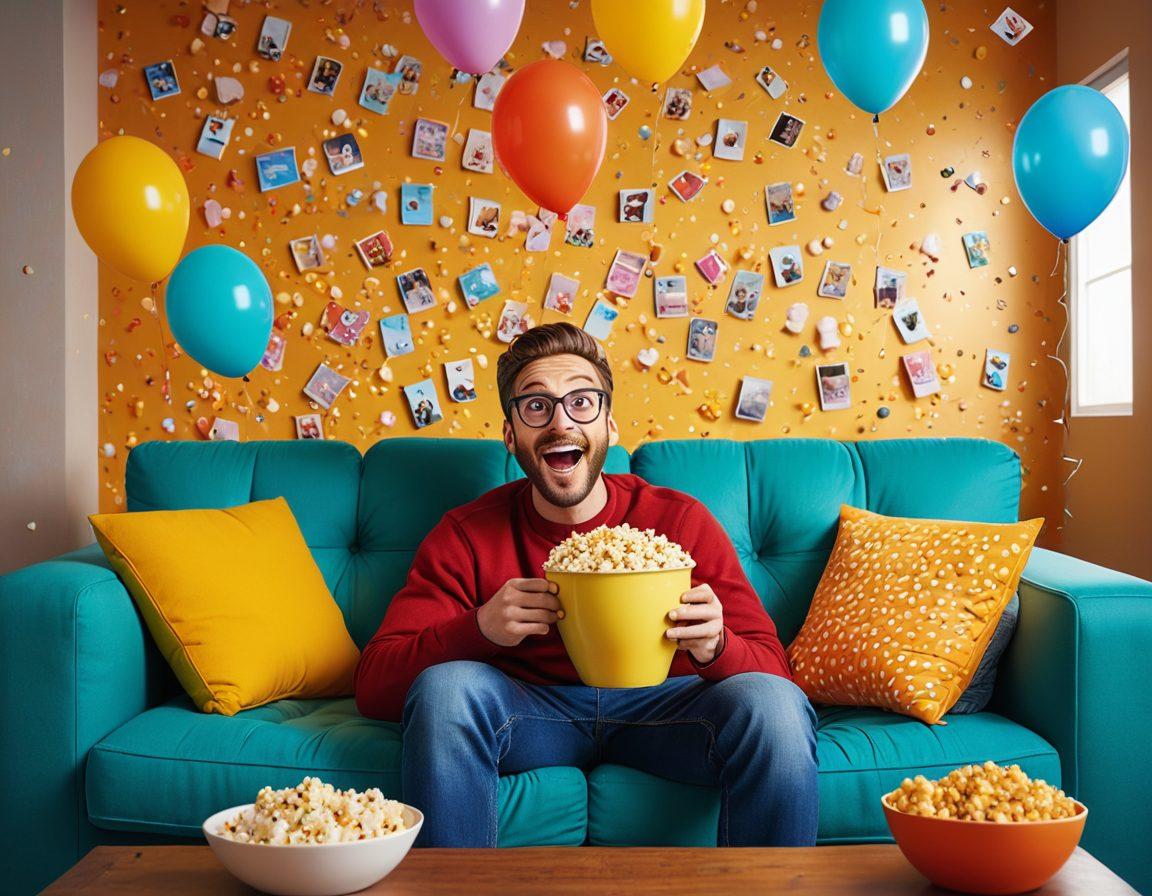 A playful and vibrant collage of various online entertainment elements, including a computer screen displaying funny memes, an animated character laughing, popcorn, and a cozy couch setting. Surround the main elements with colorful balloons and confetti, symbolizing fun and amusement. The overall mood should be light-hearted and engaging, inviting viewers to dive into the online entertainment experience. super-realistic. vibrant colors. playful illustration.