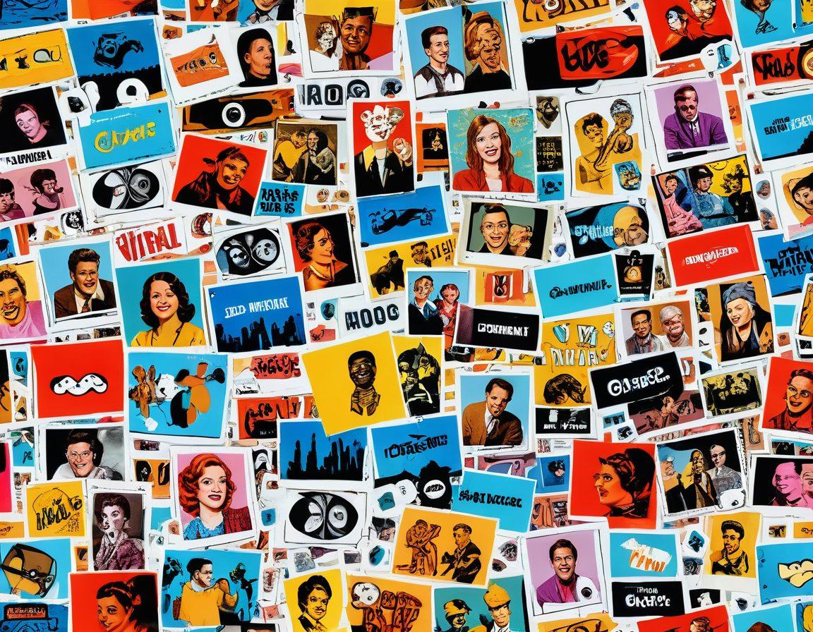 A collage of various screens displaying iconic viral videos and classic comedic moments, with colorful pop art elements and whimsical characters reacting to the content. Include humorous facial expressions, playful animations, and a backdrop that evokes nostalgia, like an old-school film reel. The composition should convey the evolution of online amusement from simple clips to elaborate skits. vibrant colors. pop art. white background.